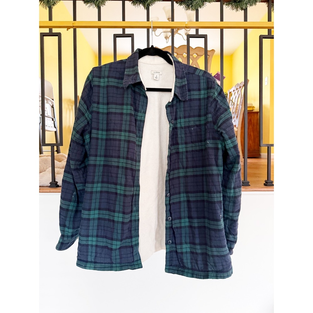 Vtg LL Bean Women's Plaid Flannel Sherpa Lined Shirt Jacket‎ Blue Green Medium
